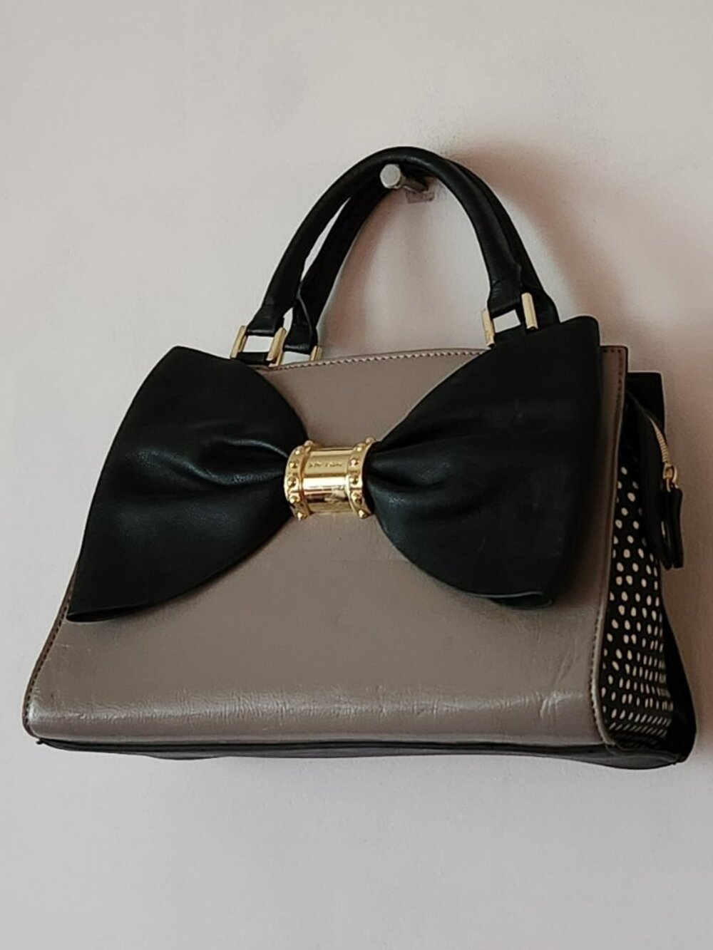 Betsey Johnson large satchel beige black white polka dot GUC